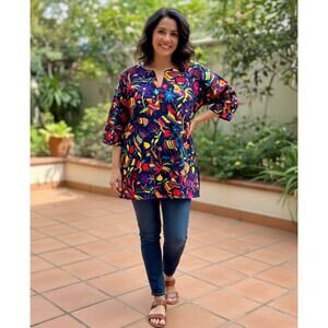 Kikisol 100% Cotton Pinata Fiesta Tunic Top XL Navy Alebrijes Animals Mexican